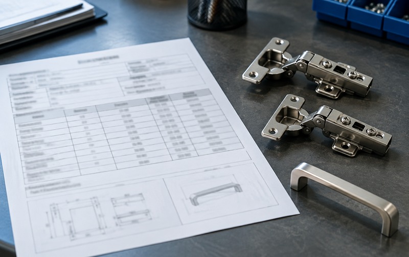 Printed order specification sheet on a factory desk beside cabinet hinges and a pull handle
